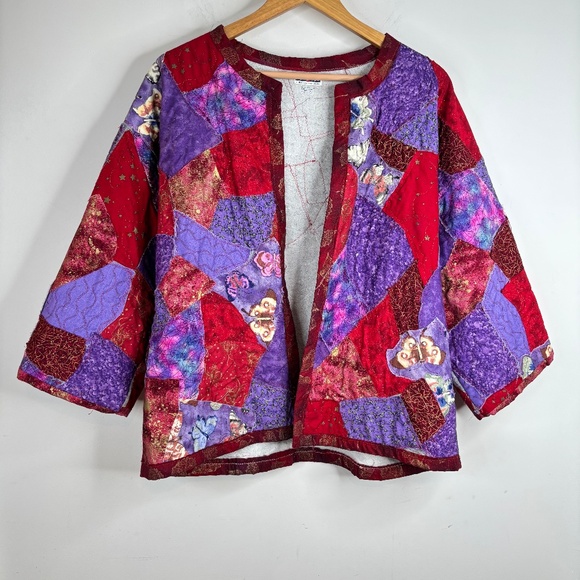 VTG Quilted Coat Kimono Patchwork Purple Butterfly Jerzees L Artsy Granny Boho - Picture 1 of 9